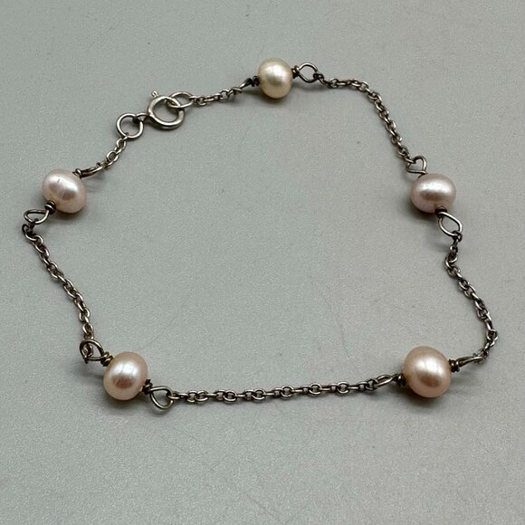 Faux Pearl Bracelet Sterling Silver 925 Dainty Beaded Chain Lightweight 7.5" - Picture 1 of 11